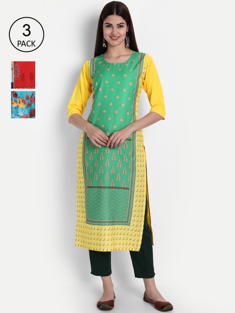

1 Stop Fashion Women Pack Of 3 Multicoloured Geometric Printed Crepe Kurtas, Multi