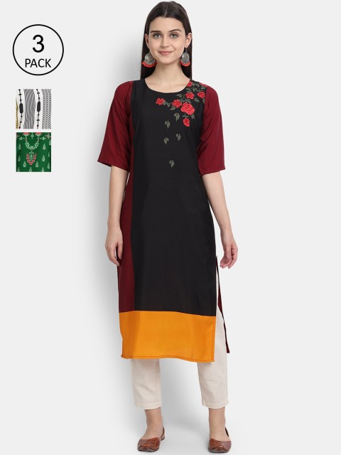 

1 Stop Fashion Women Pack of 3 Digital Printed Straight Kurtas, Black