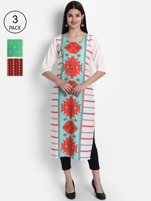 

1 Stop Fashion Women Pack Of 3 Multicoloured Printed Crepe Kurta, Multi