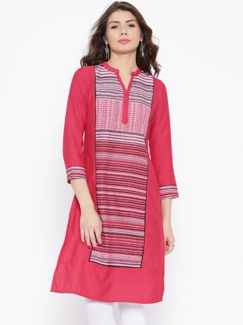 

AURELIA Women Pink Woven Design Straight Kurta