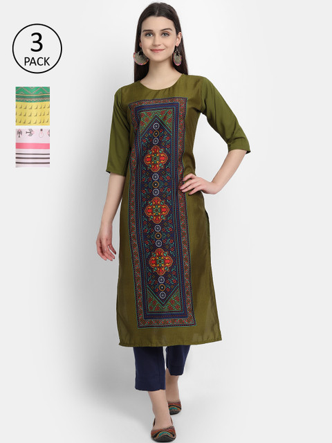 

1 Stop Fashion Women Green, Pink & Yellow Ethnic Motifs Printed Set of 3 Crepe Kurta