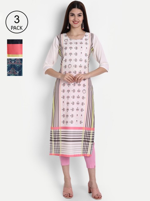 

1 Stop Fashion Women Pink & Blue Ethnic Motifs Printed Crepe Kurta Set Of 3