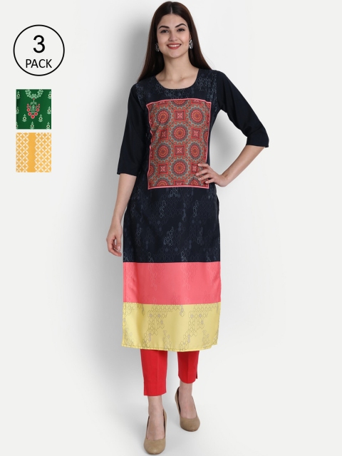 

1 Stop Fashion Women Pack Of 3 Ethnic Motifs Printed Crepe Kurta, Black