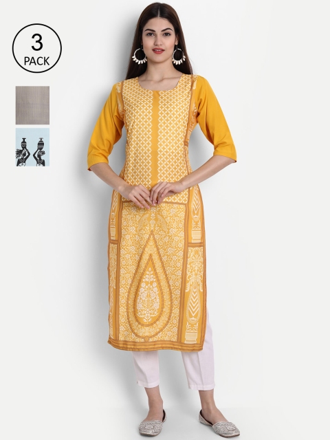 

1 Stop Fashion Women Pack Of 3 Digital Print Straight Crepe Kurta, Multi