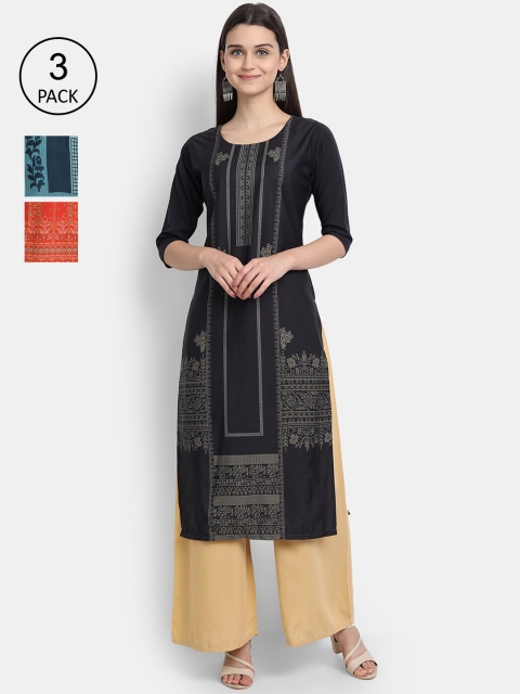 

1 Stop Fashion Pack of 3 Women Printed Crepe Kurta, Multi
