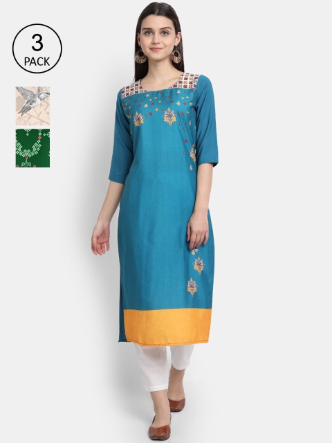 

1 Stop Fashion Women Pack of 3 Printed Kurtas, Blue