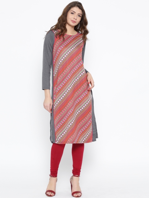 

AURELIA Women Grey & Pink Printed Straight Kurta