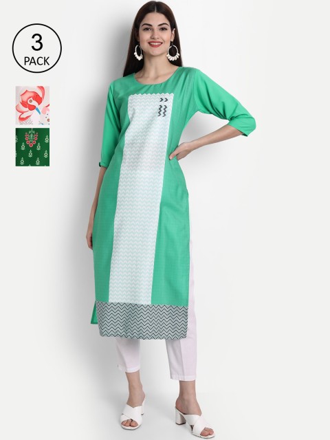 

1 Stop Fashion Women Pack Of 3 Multicoloured Geometric Printed Crepe Kurtas, Multi