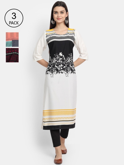 

1 Stop Fashion Women Pack of 3 Digital Printed Straight Kurtas, White
