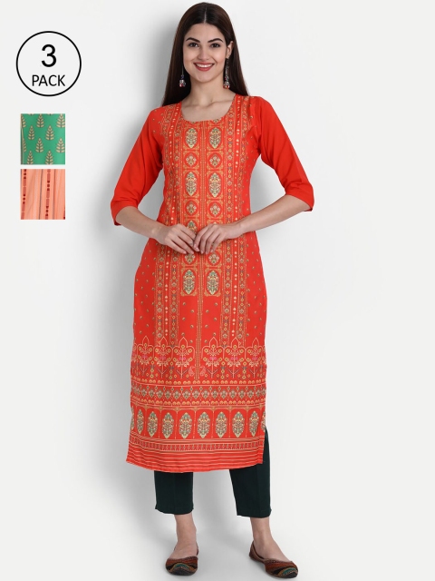 

1 Stop Fashion Women Pack of 3 Multicoloured Printed Crepe Straight Kurta, Multi