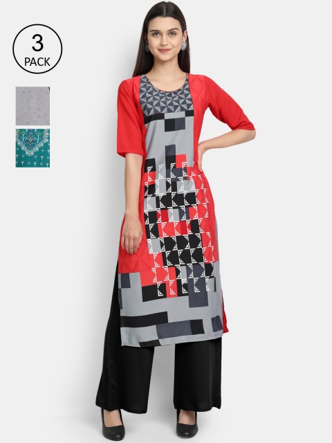 

1 Stop Fashion Women Pack Of 3 Abstract Printed Crepe Kurta, Grey