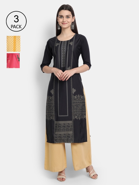 

1 Stop Fashion Women Pack Of 3 Printed Crepe Kurta, Black