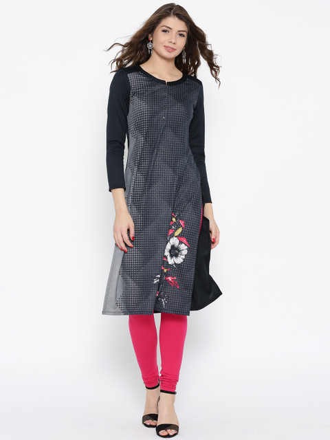 

AURELIA Women Grey & Black Printed Straight Kurta