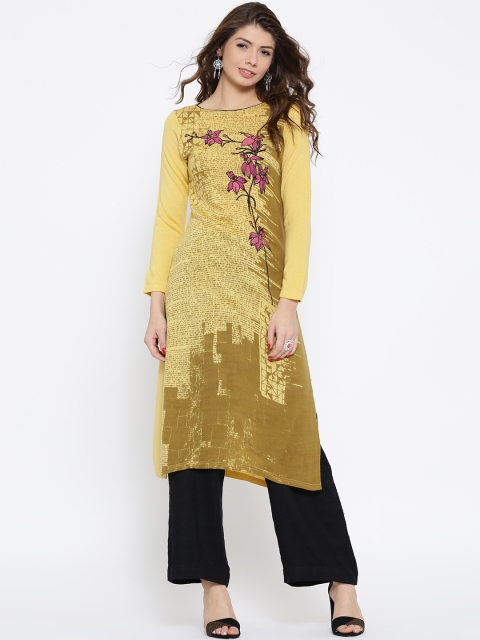 

AURELIA Women Yellow Printed Straight Winter Kurta