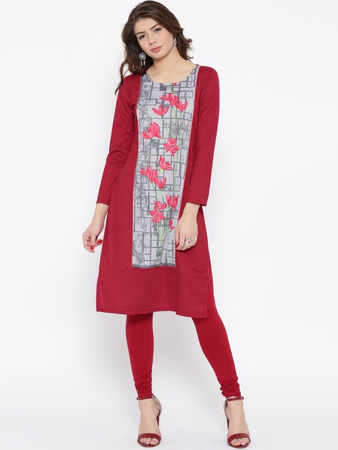 

AURELIA Women Red & Grey Printed Straight Kurta