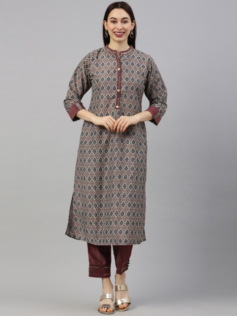 

GOLDSTROMS Women Maroon & Blue Printed Kurta with Trousers