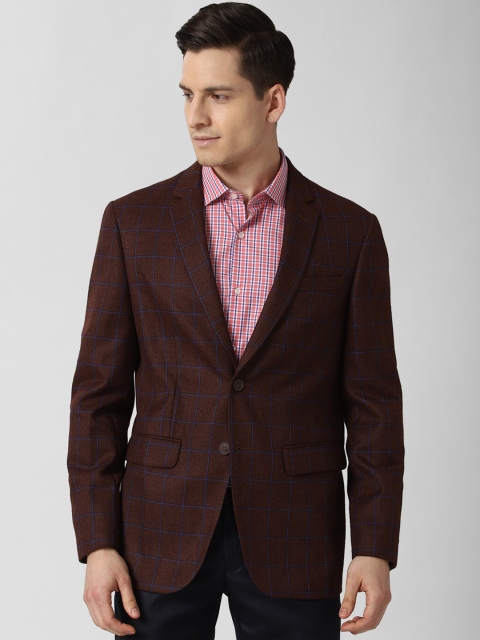 

Peter England Elite Men Maroon Checked Slim-Fit Single-Breasted Formal Blazer