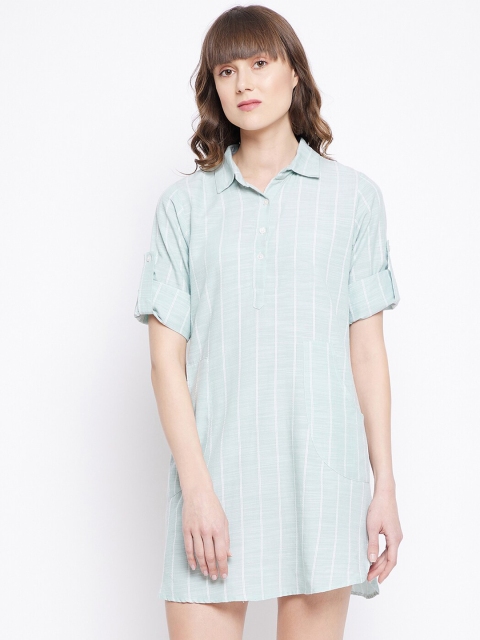 

SECRETS BY ZEROKAATA Women Green & White Striped Cotton Shirt Dress