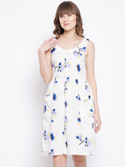 

SECRETS BY ZEROKAATA Women White & Blue Floral A-Line Dress