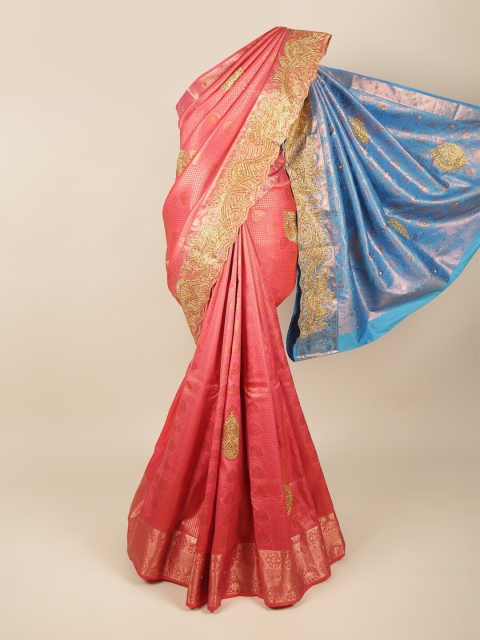 

Pothys Pink & Blue Ethnic Motifs Beads and Stones Pure Silk Saree