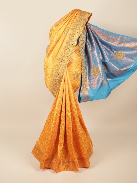 

Pothys Mustard & Blue Ethnic Motifs Beads and Stones Pure Silk Saree