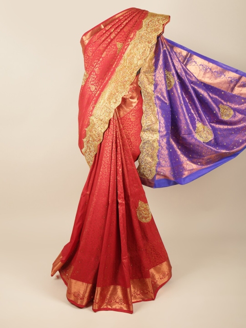 

Pothys Red & Purple Ethnic Motifs Beads and Stones Pure Silk Saree