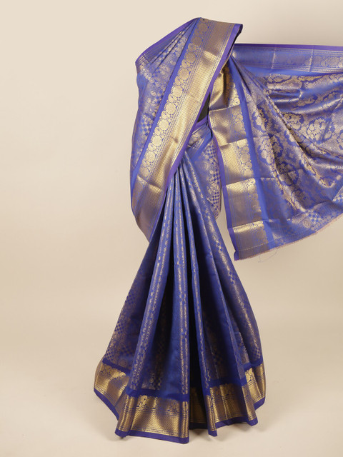 

Pothys Blue & Gold-Toned Floral Pure Silk Saree