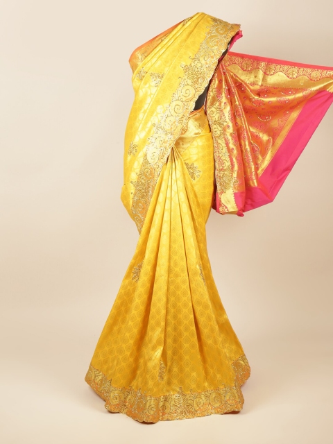 

Pothys Yellow & Gold-Toned Woven Design Beads and Stones Pure Silk Saree