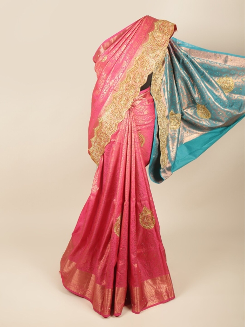 

Pothys Pink & Blue Ethnic Motifs Beads and Stones Pure Silk Saree