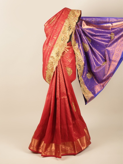 

Pothys Red & Gold-Toned Woven Design Beads and Stones Pure Silk Saree
