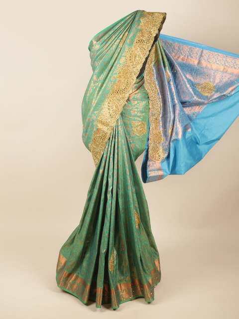 

Pothys Green & Gold-Toned Woven Design Beads and Stones Pure Silk Saree