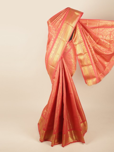 

Pothys Peach-Coloured & Gold-Toned Floral Zari Pure Silk Saree