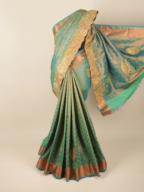 

Pothys Green & Gold-Toned Ethnic Motifs Beads and Stones Pure Silk Saree
