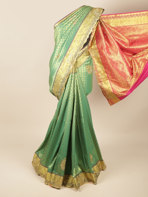 

Pothys Green & Pink Woven Design Beads and Stones Pure Silk Saree