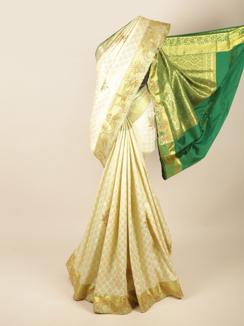 

Pothys Cream-Coloured & Green Ethnic Motifs Beads and Stones Pure Silk Saree