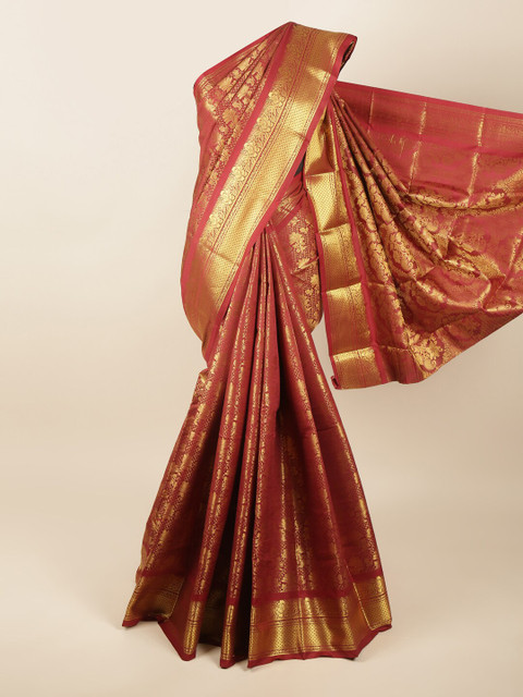 

Pothys Maroon & Gold-Toned Woven Design Zari Pure Silk Saree