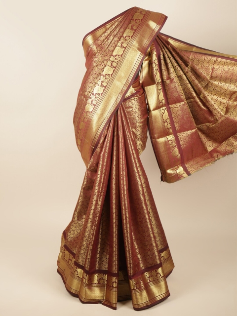 

Pothys Maroon & Gold-Toned Woven Design Zari Pure Silk Saree