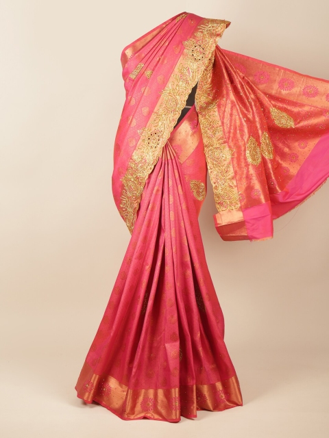 

Pothys Pink & Gold-Toned Woven Design Beads and Stones Pure Silk Saree