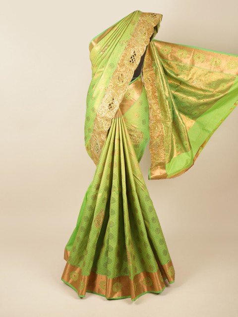 

Pothys Green & Gold-Toned Woven Design Beads and Stones Pure Silk Saree