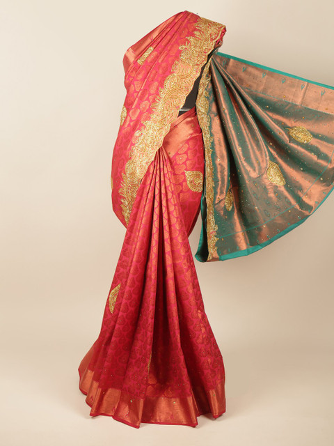

Pothys Pink & Green Ethnic Motifs Beads & Stones Vastrakala Silk Saree