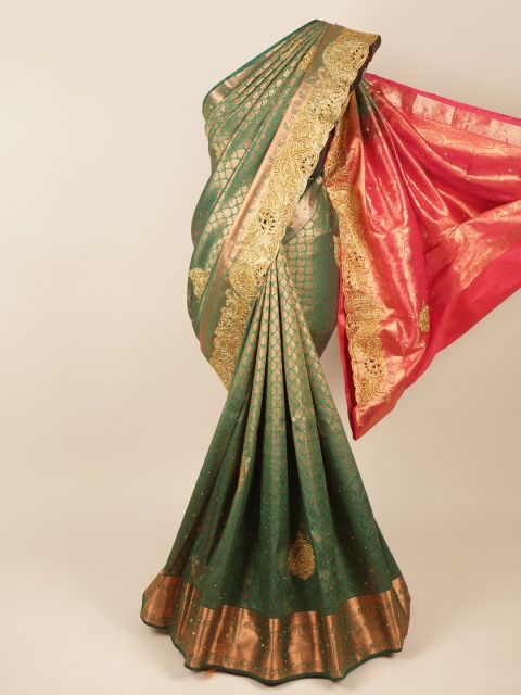 

Pothys Green & Pink Embellished Beads and Stones Pure Silk Saree