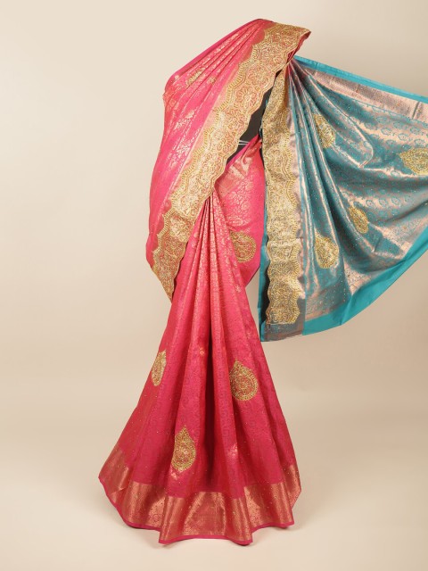 

Pothys Pink & Blue Floral Beads and Stones Pure Silk Saree