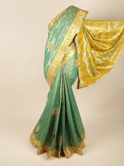 

Pothys Green & Gold-Toned Woven Design Beads and Stones Pure Silk Saree