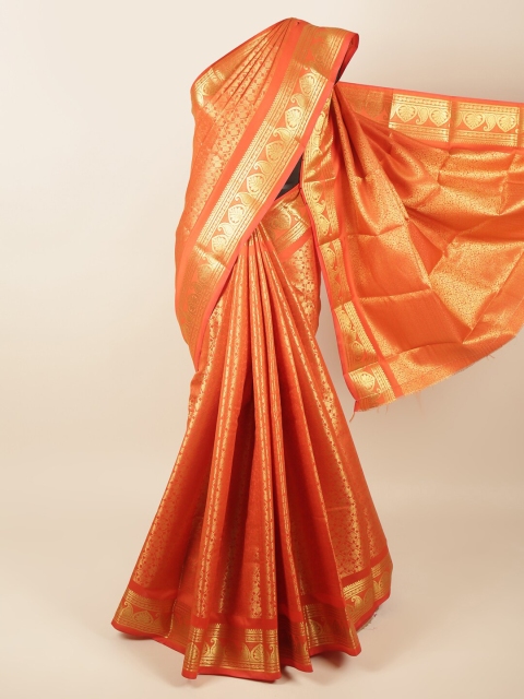 

Pothys Orange & Gold-Toned Floral Pure Silk Saree