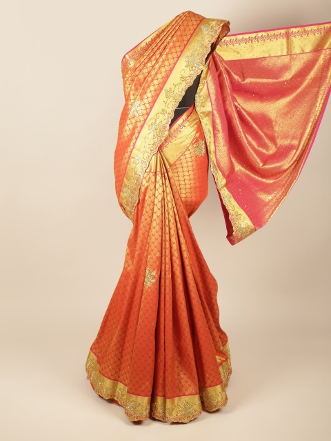 

Pothys Red & Gold-Toned Woven Design Beads and Stones Pure Silk Saree