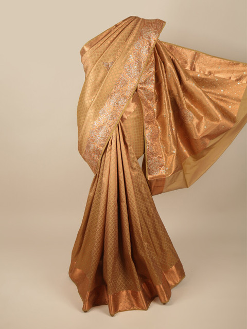 

Pothys Cream-Coloured & Gold-Coloured Ethnic Motifs Beads and Stones Pure Silk Saree