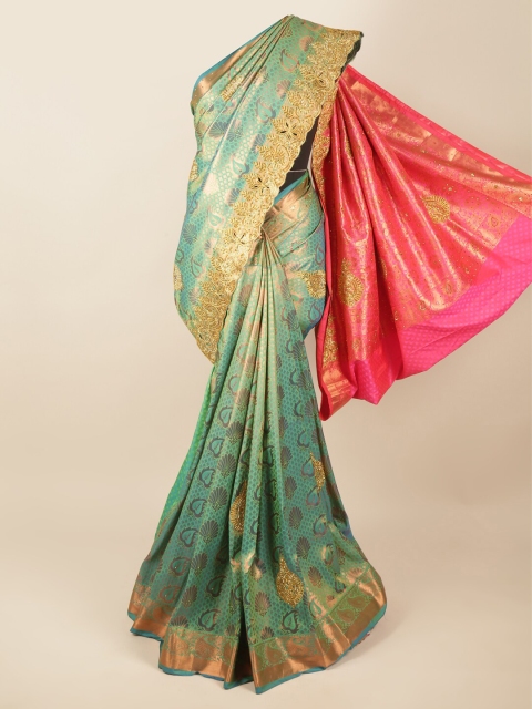 

Pothys Green & Pink Woven Design Beads and Stones Pure Silk Saree