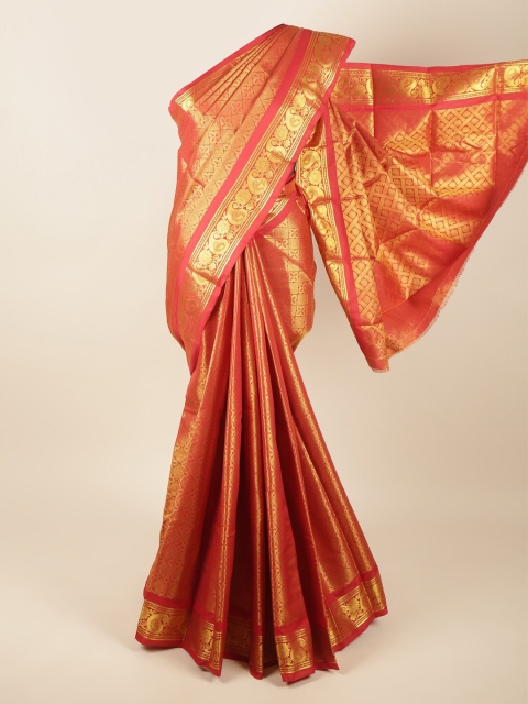 

Pothys Red & Gold-Toned Floral Zari Pure Silk Saree