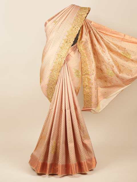 

Pothys Peach-Coloured & Gold-Toned Woven Design Beads and Stones Pure Silk Saree