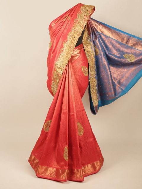 

Pothys Fuchsia & Blue Ethnic Motifs Beads and Stones Pure Silk Saree
